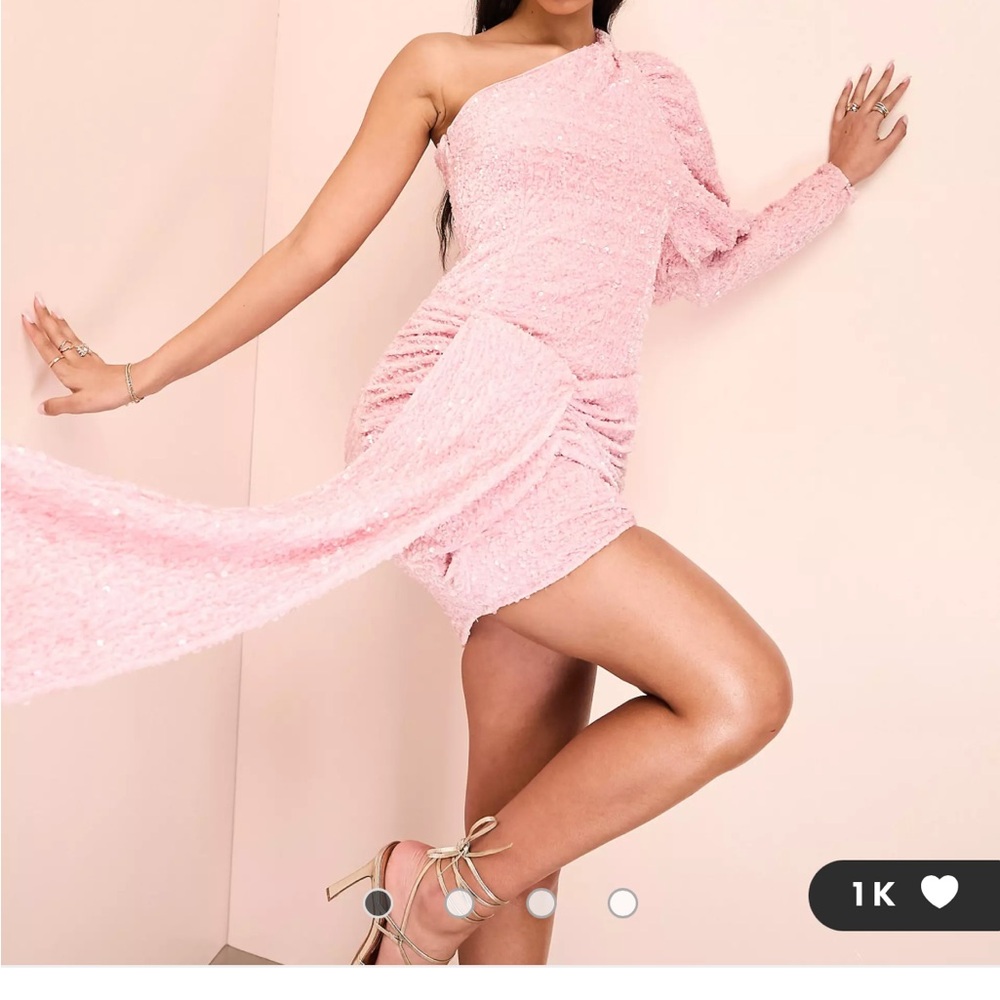 ASOS LUXE one shoulder asymmetric puff sleeve draped mini dress in pink sequin